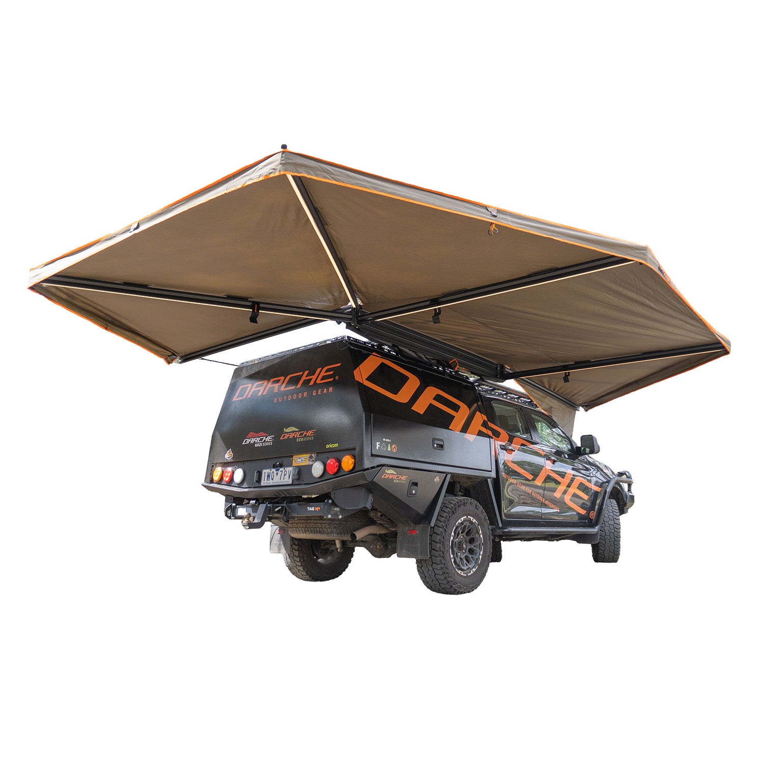 DARCHE Eclipse 270 Freestanding LED Awning deployed on a 4WD at a bush campsite, providing 11.5 square metres of coverage