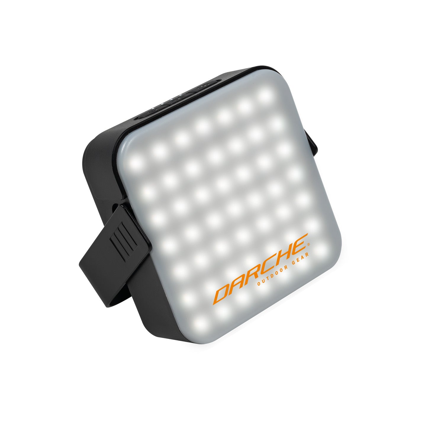 DARCHE LED solar camping light hanging above a campsite setup, charged by solar panel during the day for all-night illumination