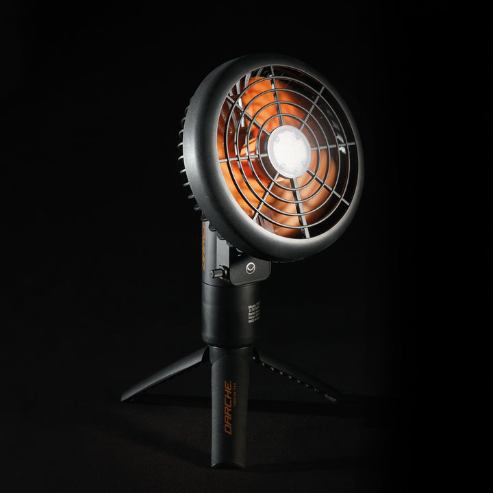 DARCHE 2-in-1 camping fan and LED light, a compact rechargeable unit for use inside a swag or at a campsite on warm summer nights