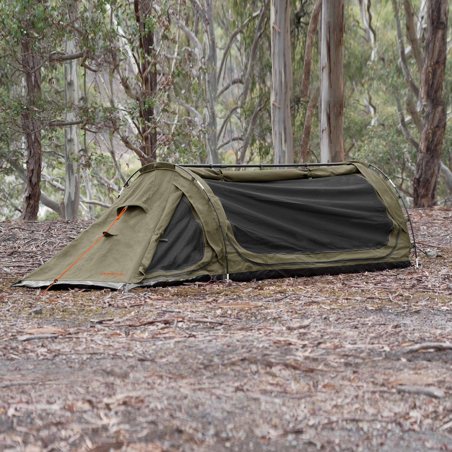 DARCHE Hutch swag storage annex attached to the end of a camping swag at a bush campsite, with external access doors open